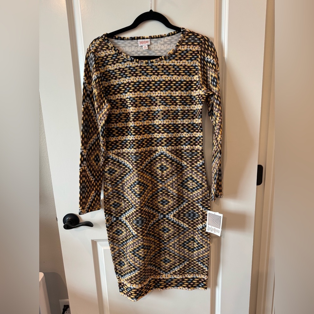 LuLaRoe Women's M Debbie Dress Black gold Geometric NWT.